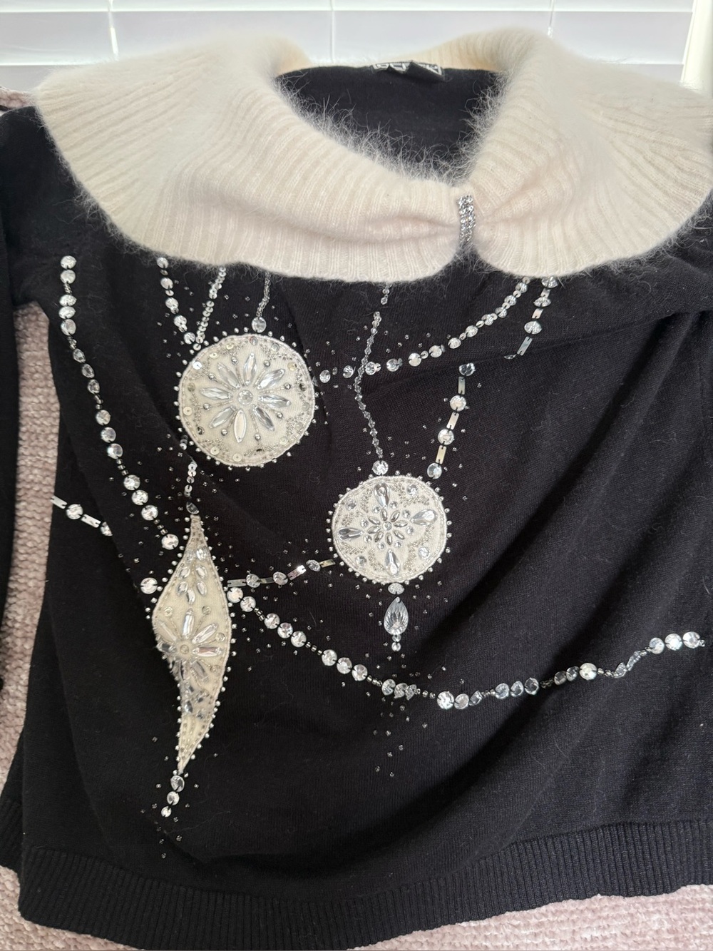 Rare Vintage Berek Christmas Sweater Angora Collar Crystal Ornaments Large